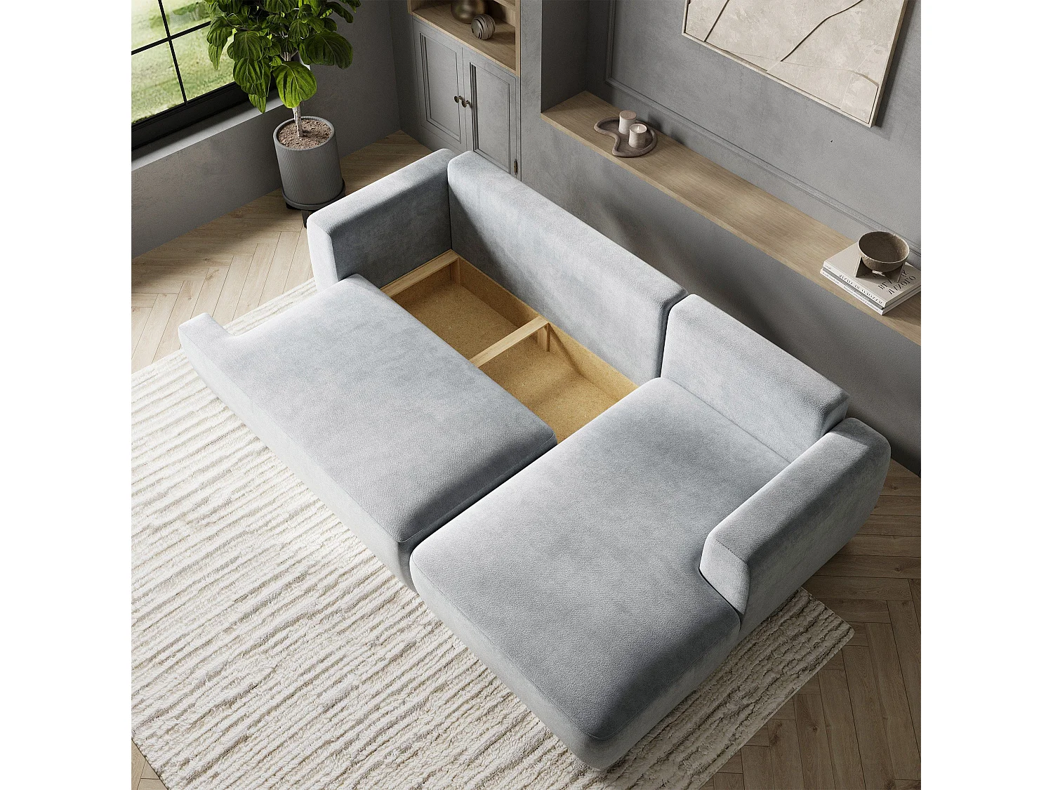 Canapé d'angle SENTI Gris clair en peluche avec fonction de couchage