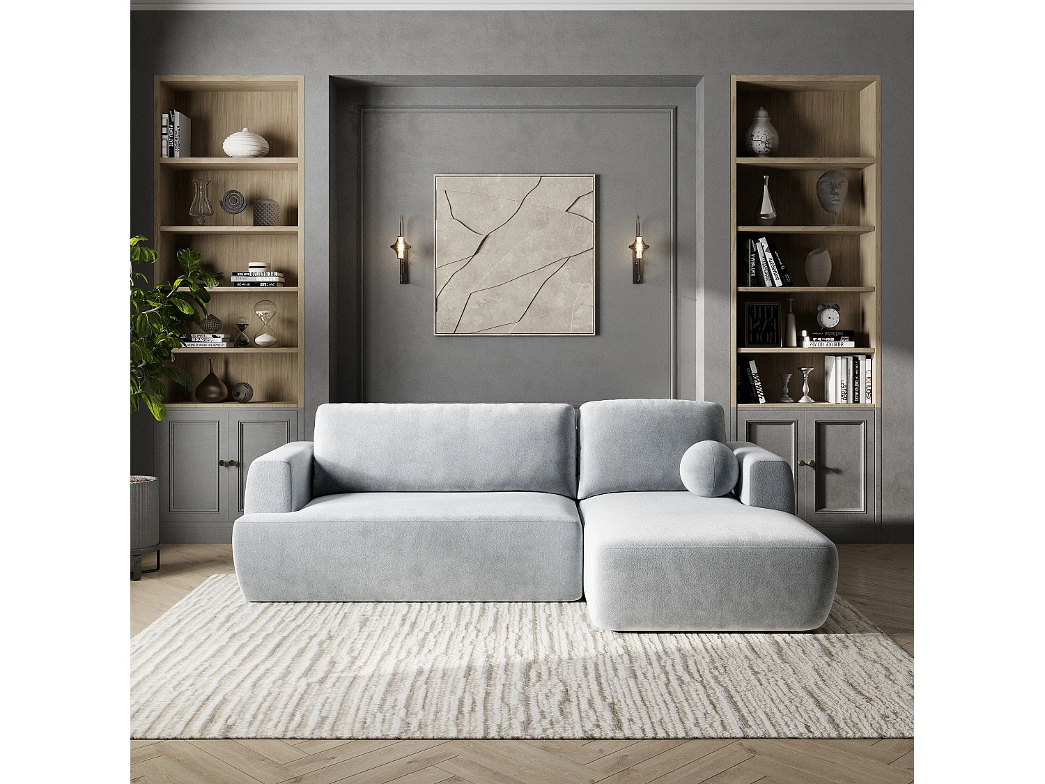 Canapé d'angle SENTI Gris clair en peluche avec fonction de couchage