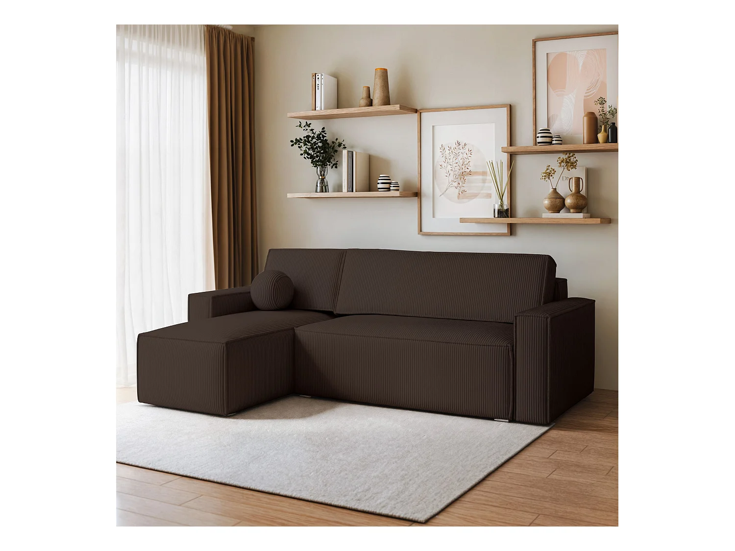 Canapé d'angle RAVELO Marron en velours côtelé avec fonction de couchage