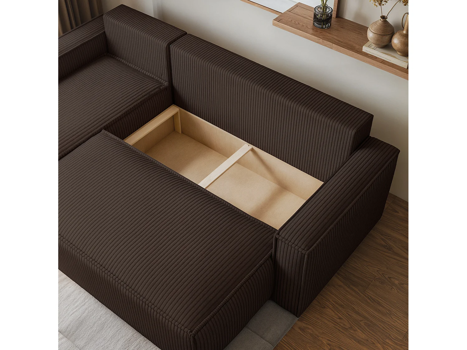 Canapé d'angle RAVELO Marron en velours côtelé avec fonction de couchage