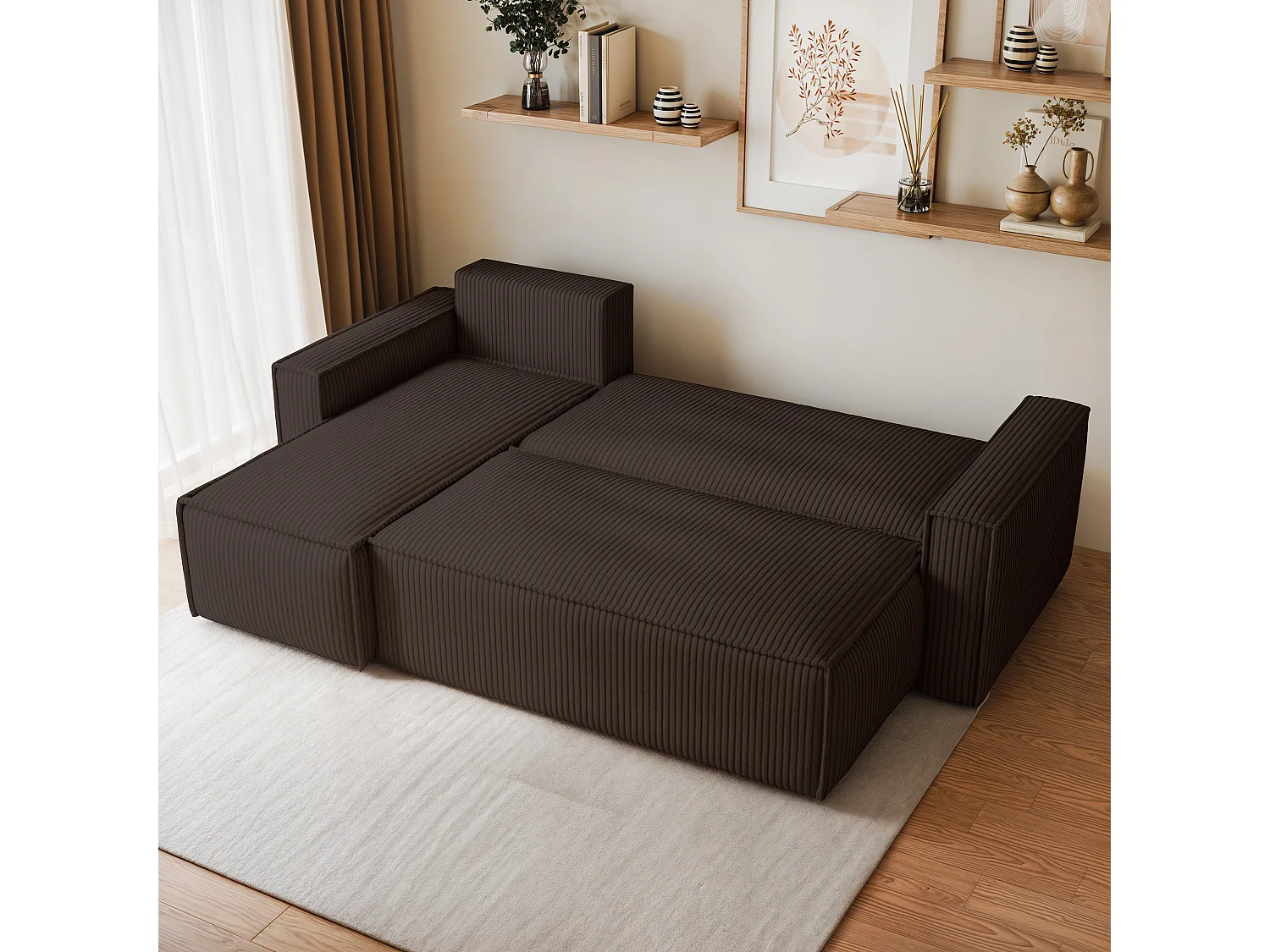 Canapé d'angle RAVELO Marron en velours côtelé avec fonction de couchage