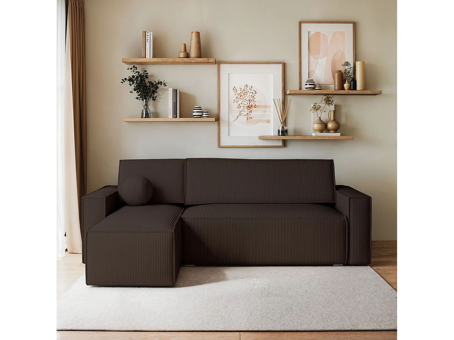Canapé d'angle RAVELO Marron en velours côtelé avec fonction de couchage
