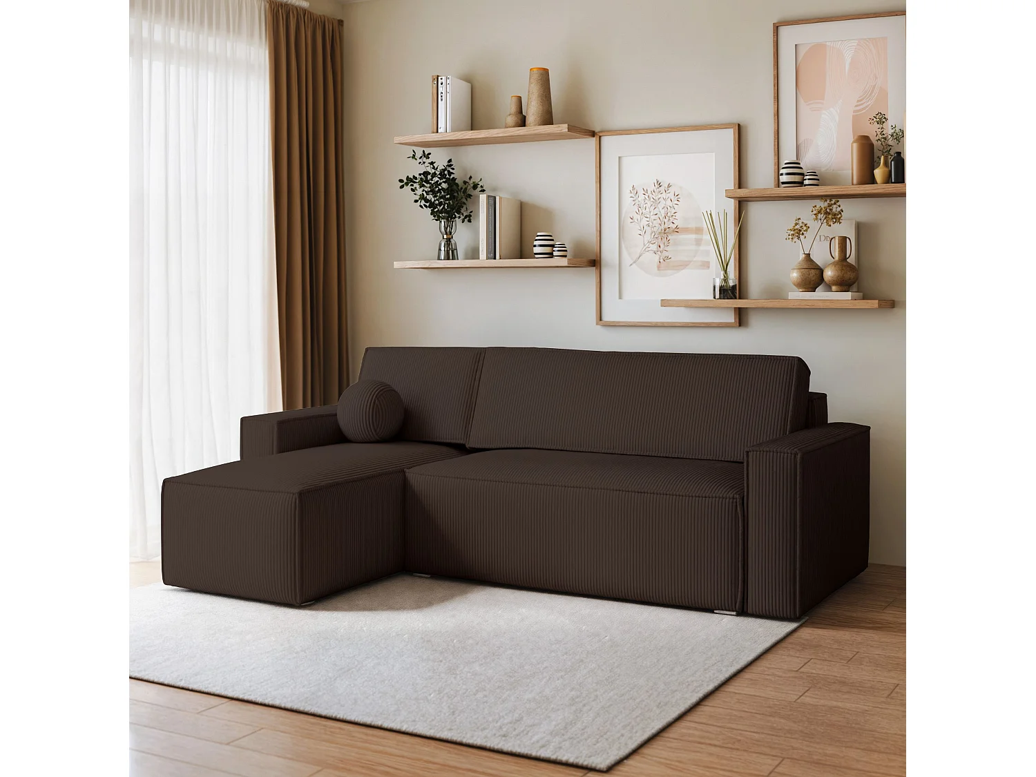 Canapé d'angle RAVELO Marron en velours côtelé avec fonction de couchage