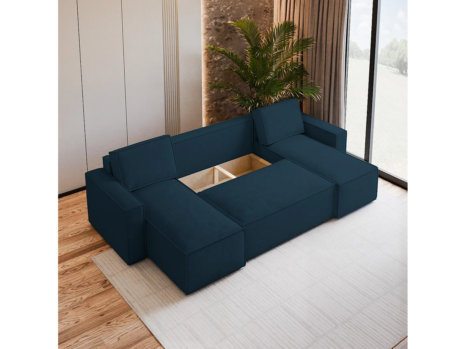 Canapé d'angle PESANO Bleu en velours avec fonction de couchage