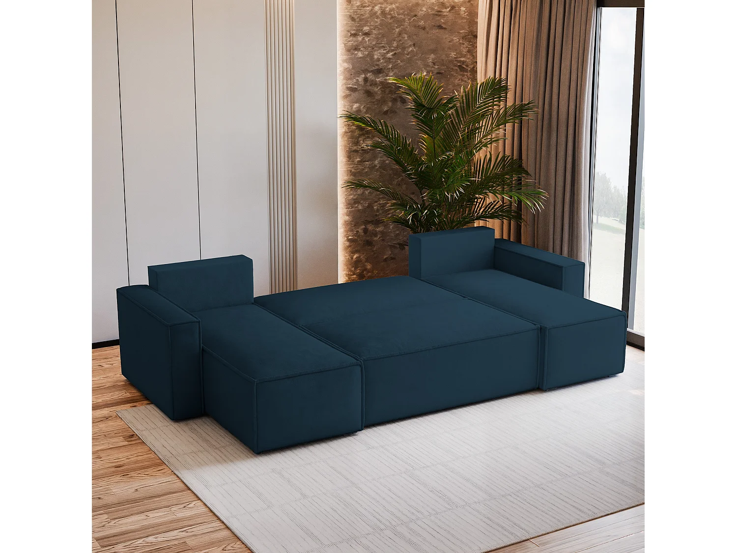 Canapé d'angle PESANO Bleu en velours avec fonction de couchage