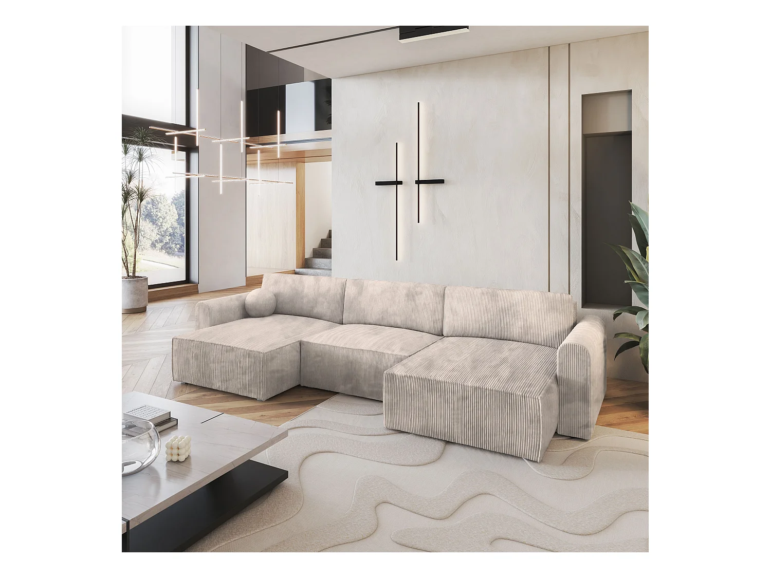 Canapé d'angle FENTO Crème en velours côtelé avec fonction de couchage