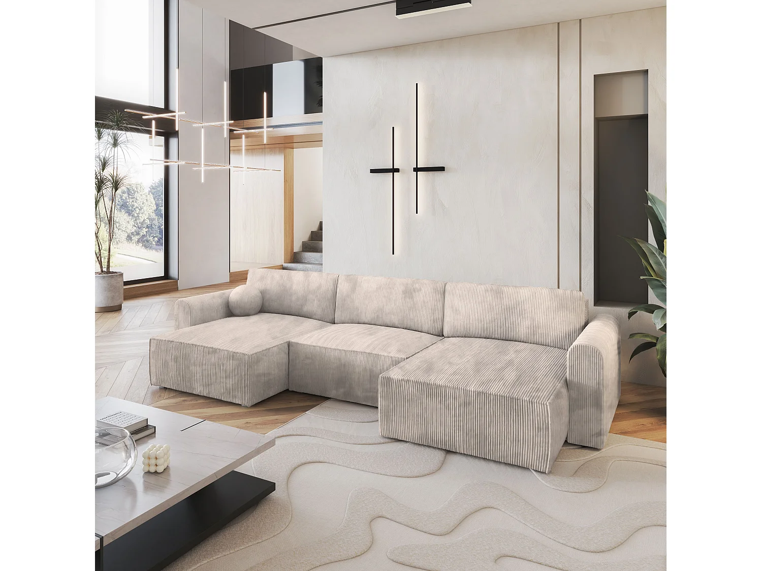 Canapé d'angle FENTO Crème en velours côtelé avec fonction de couchage