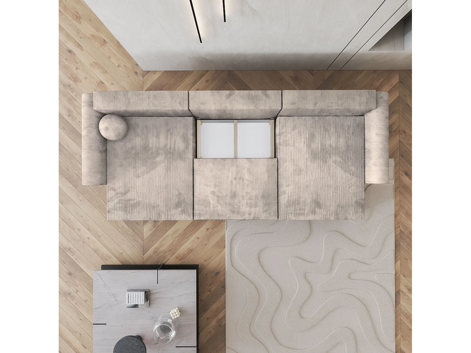 Canapé d'angle FENTO Crème en velours côtelé avec fonction de couchage