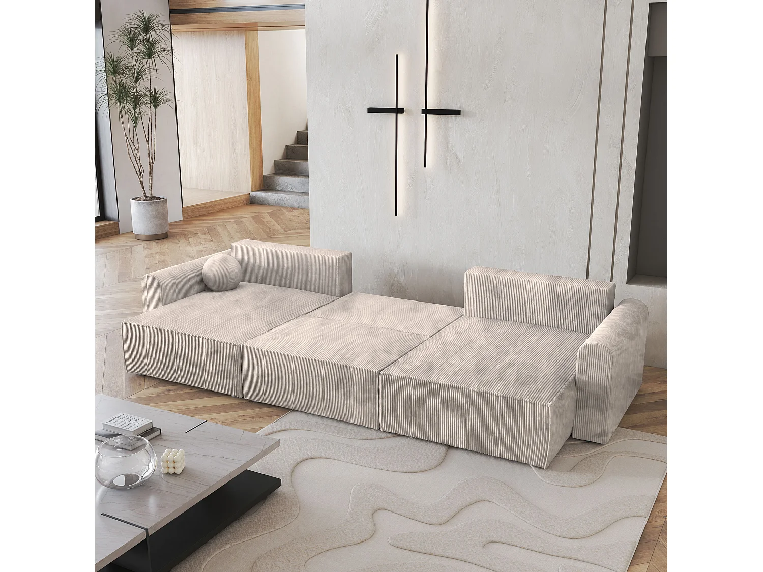 Canapé d'angle FENTO Crème en velours côtelé avec fonction de couchage