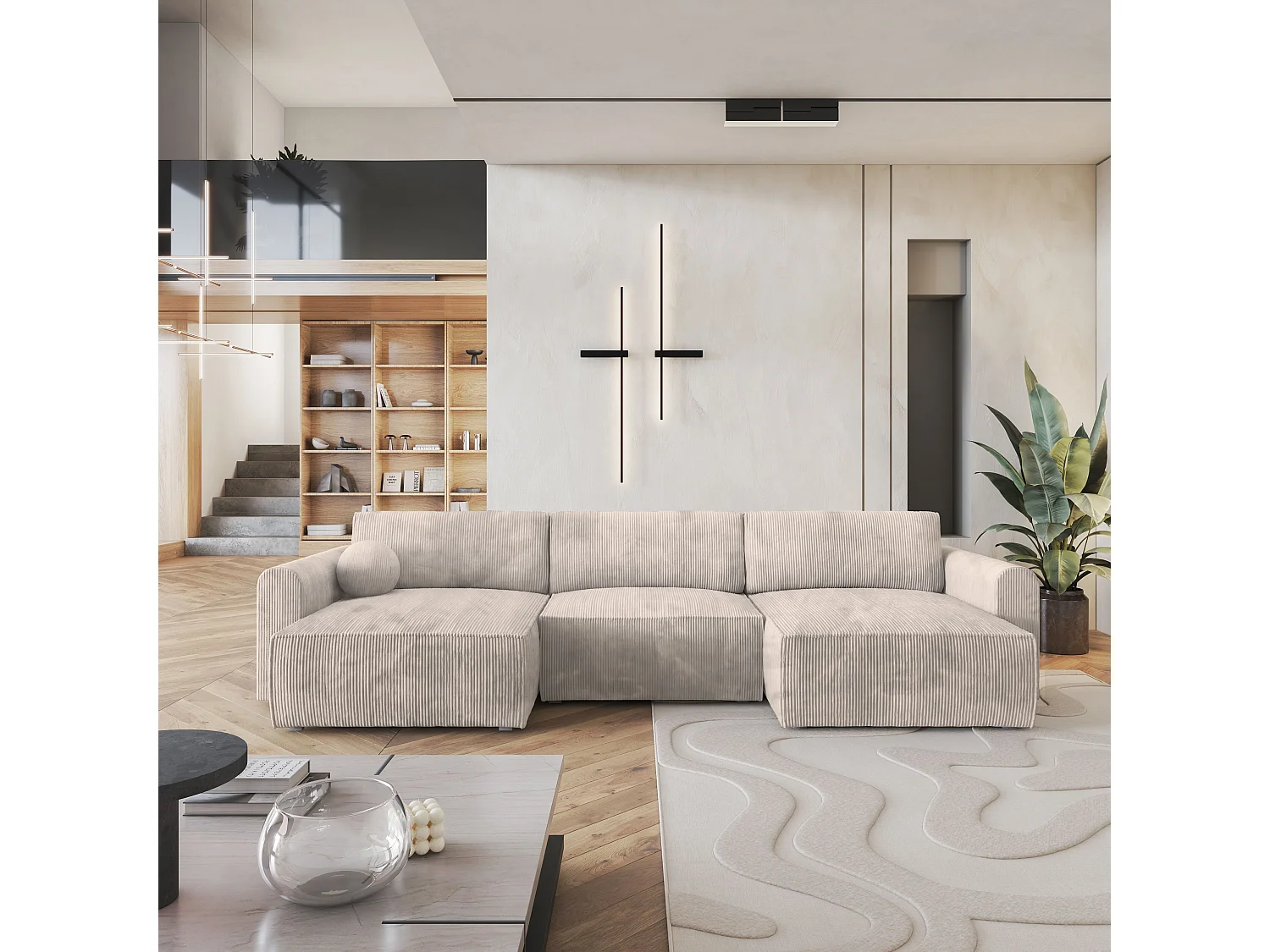 Canapé d'angle FENTO Crème en velours côtelé avec fonction de couchage