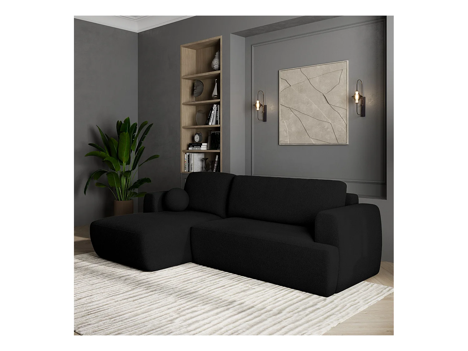 Canapé d'angle SENTI Noir en bouclé avec fonction de couchage