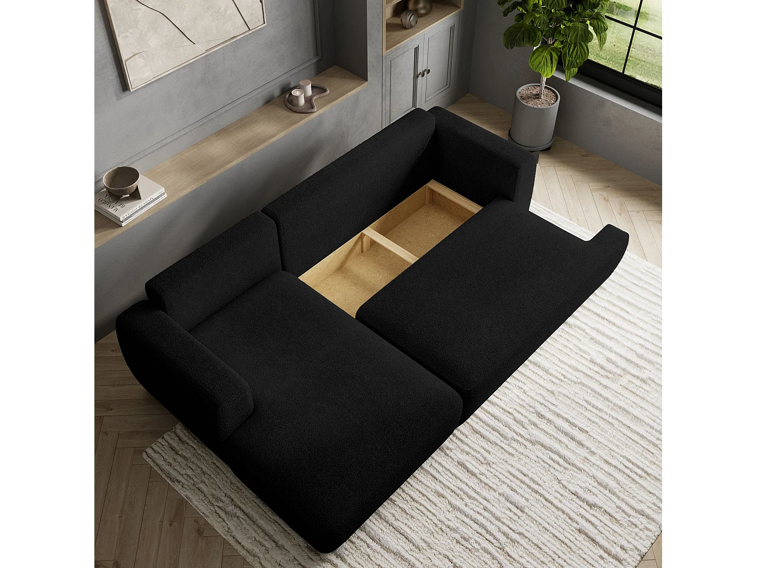 Canapé d'angle SENTI Noir en bouclé avec fonction de couchage