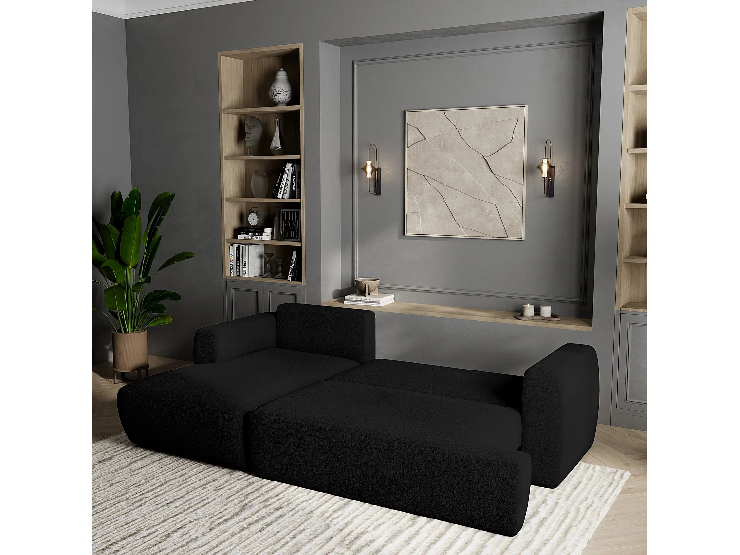 Canapé d'angle SENTI Noir en bouclé avec fonction de couchage