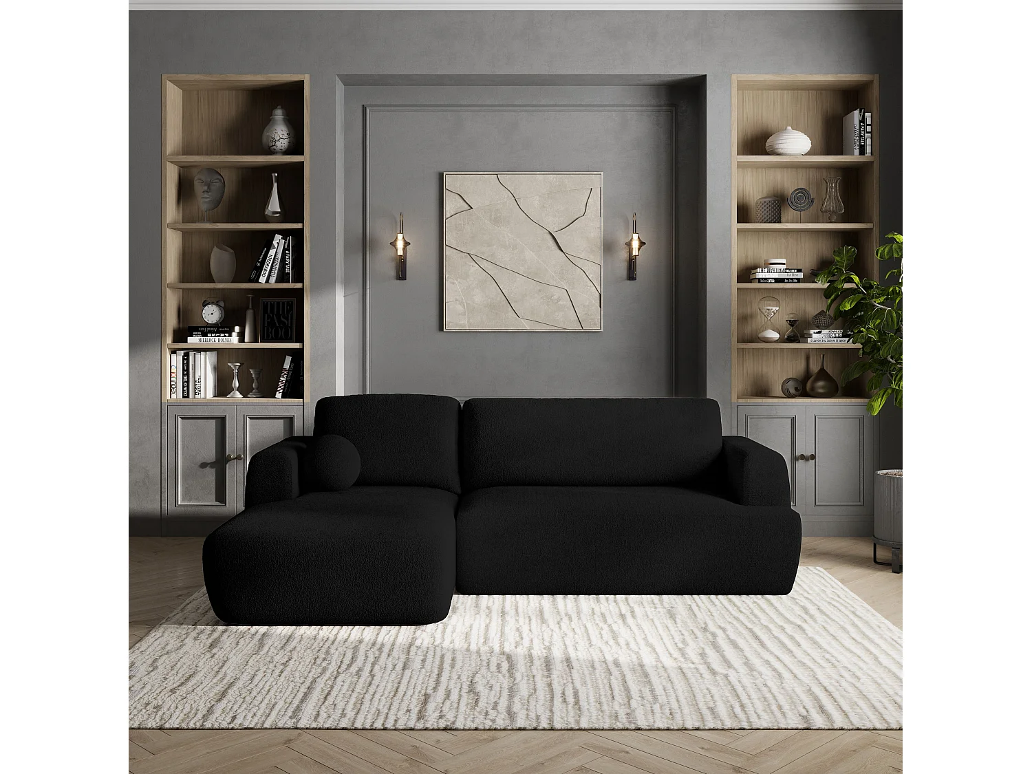 Canapé d'angle SENTI Noir en bouclé avec fonction de couchage