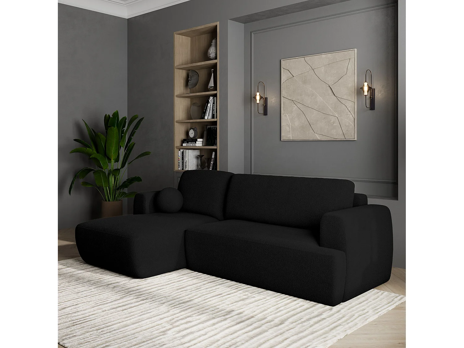 Canapé d'angle SENTI Noir en bouclé avec fonction de couchage