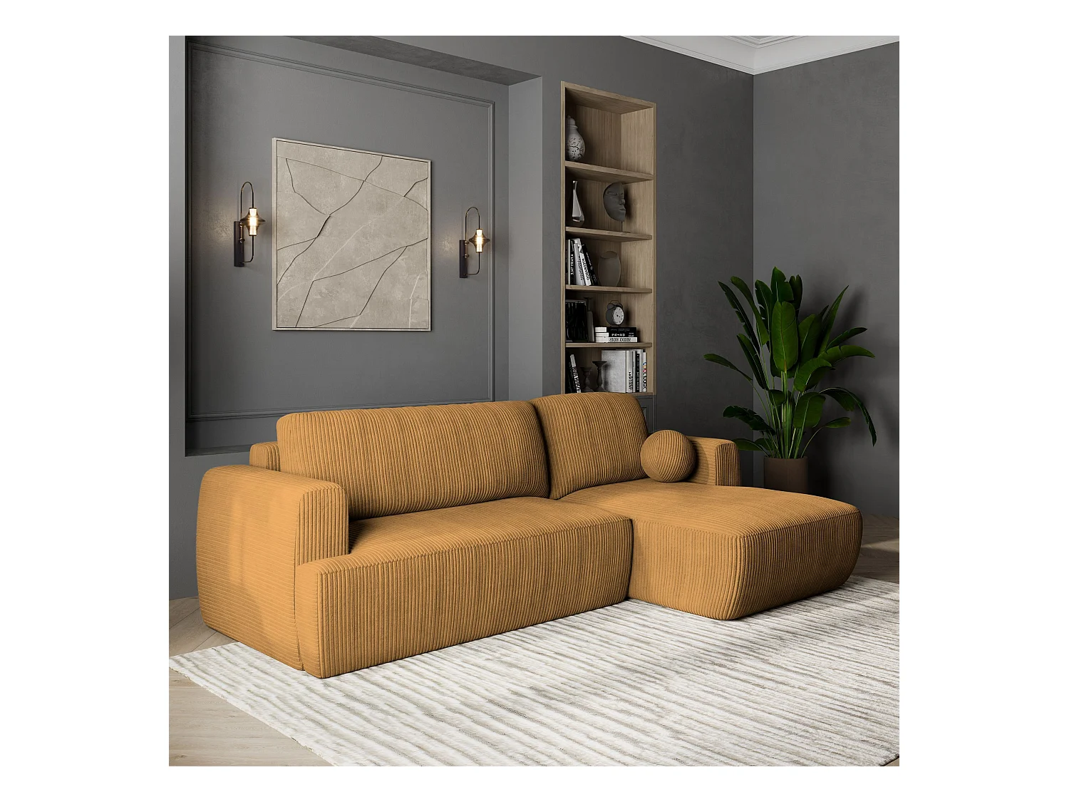 Canapé d'angle SENTI Jaune en velours côtelé avec fonction de couchage