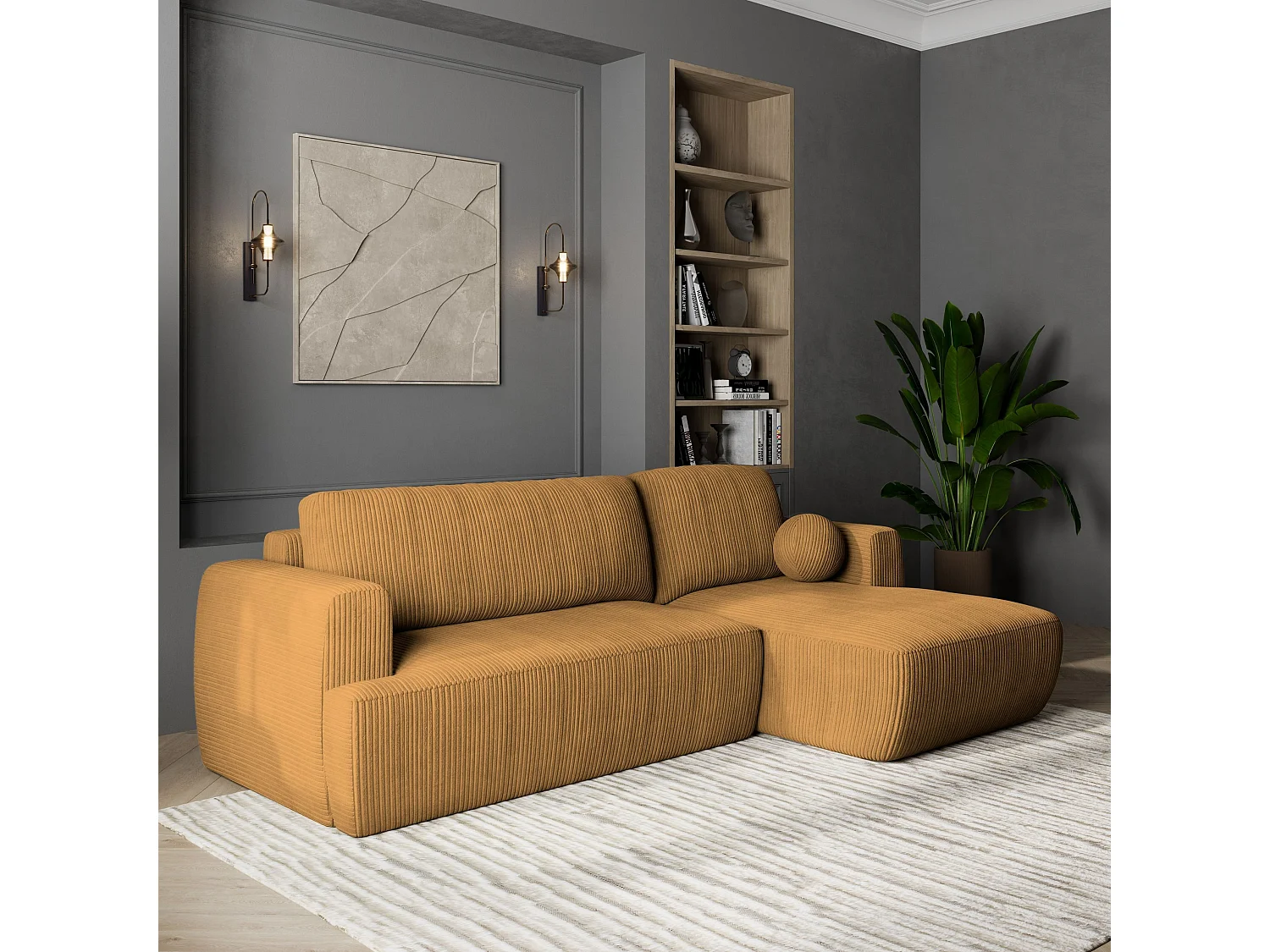 Canapé d'angle SENTI Jaune en velours côtelé avec fonction de couchage