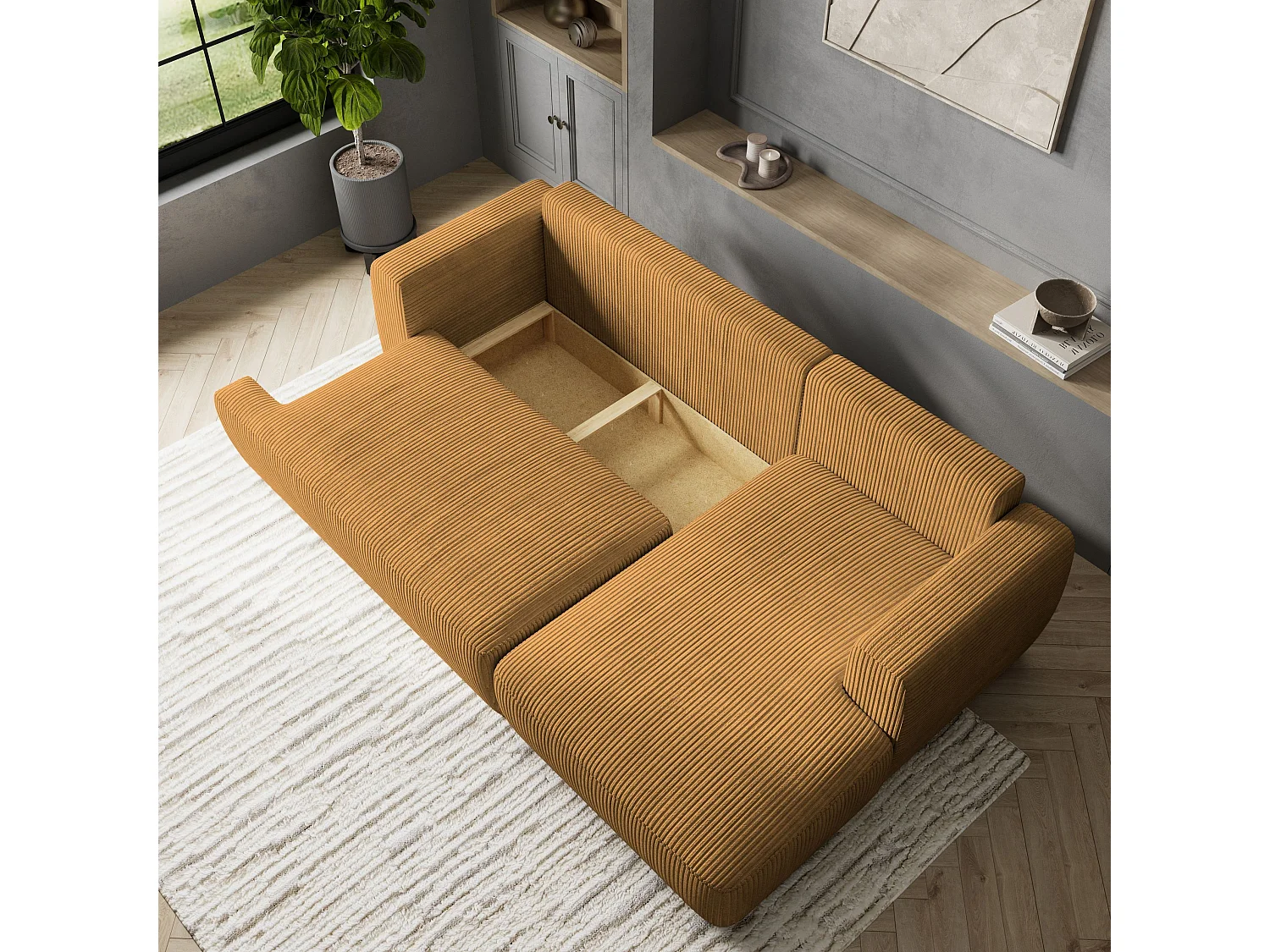 Canapé d'angle SENTI Jaune en velours côtelé avec fonction de couchage