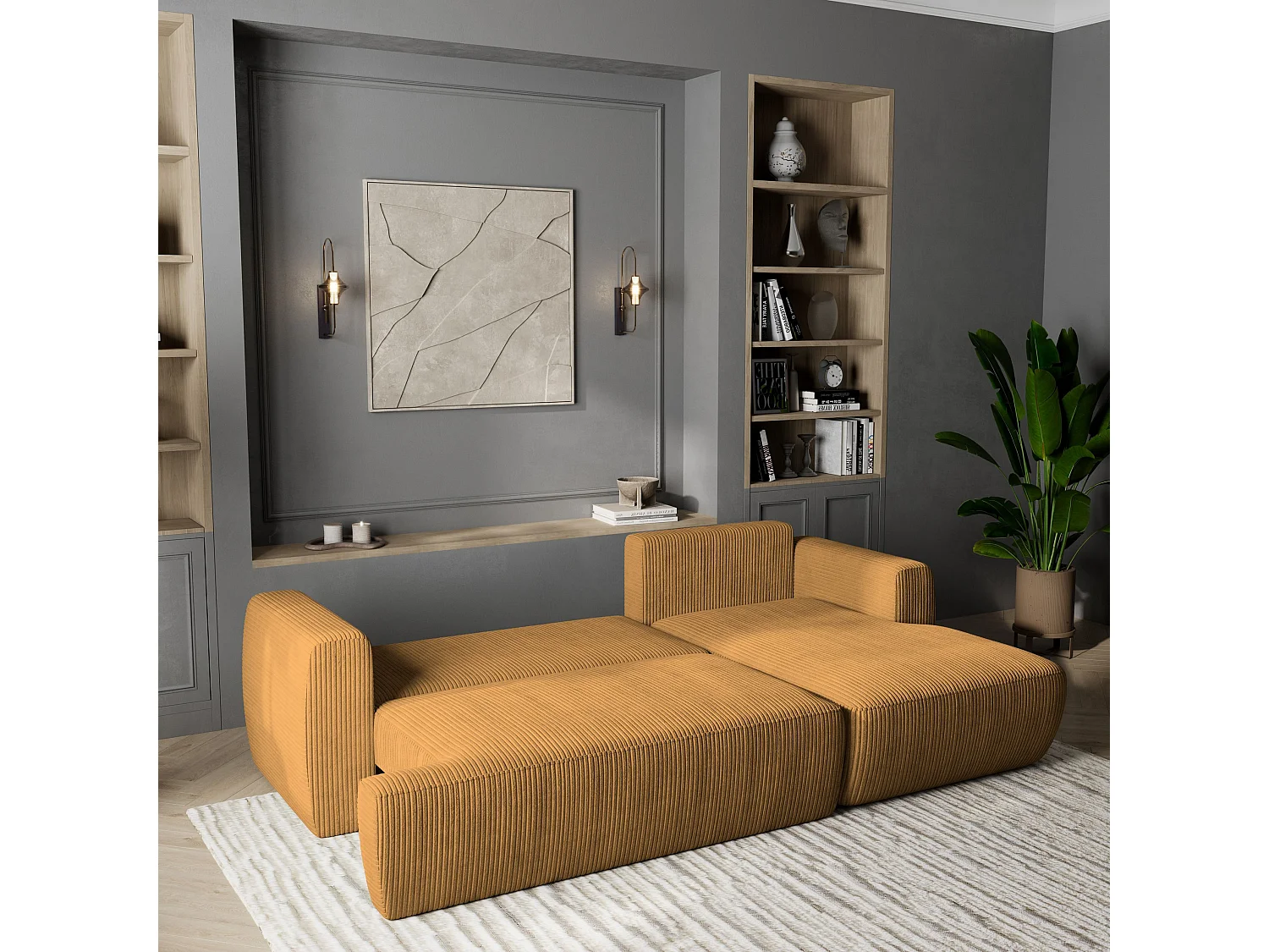 Canapé d'angle SENTI Jaune en velours côtelé avec fonction de couchage