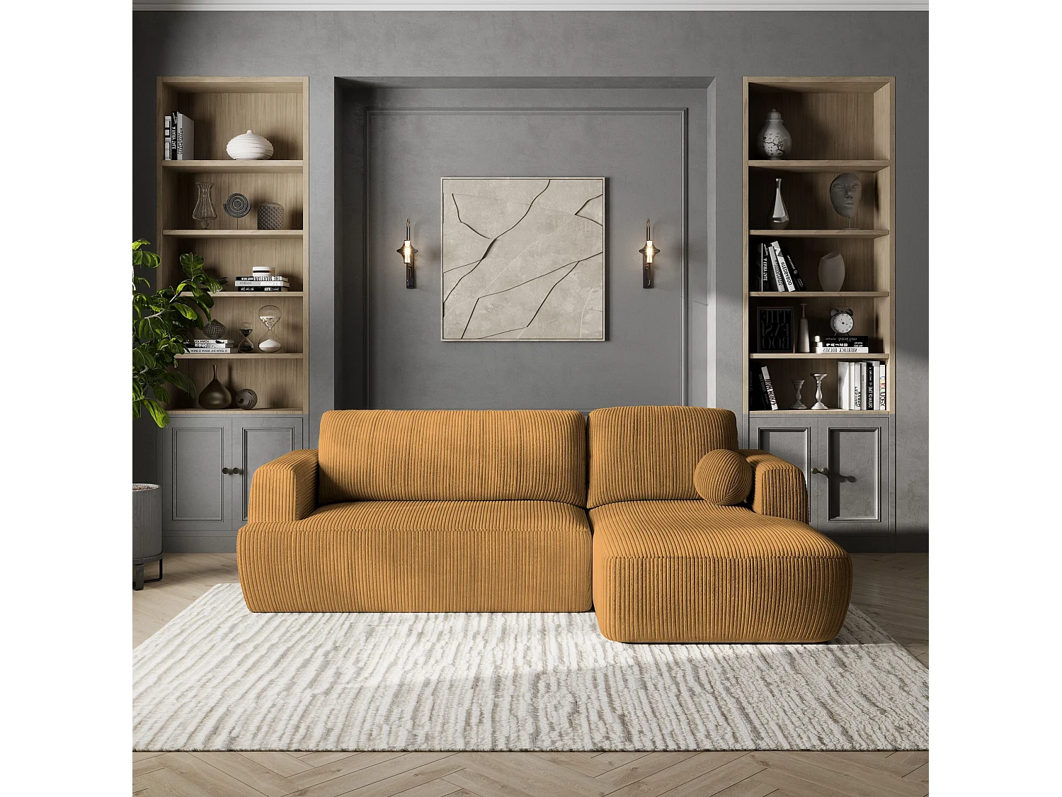 Canapé d'angle SENTI Jaune en velours côtelé avec fonction de couchage