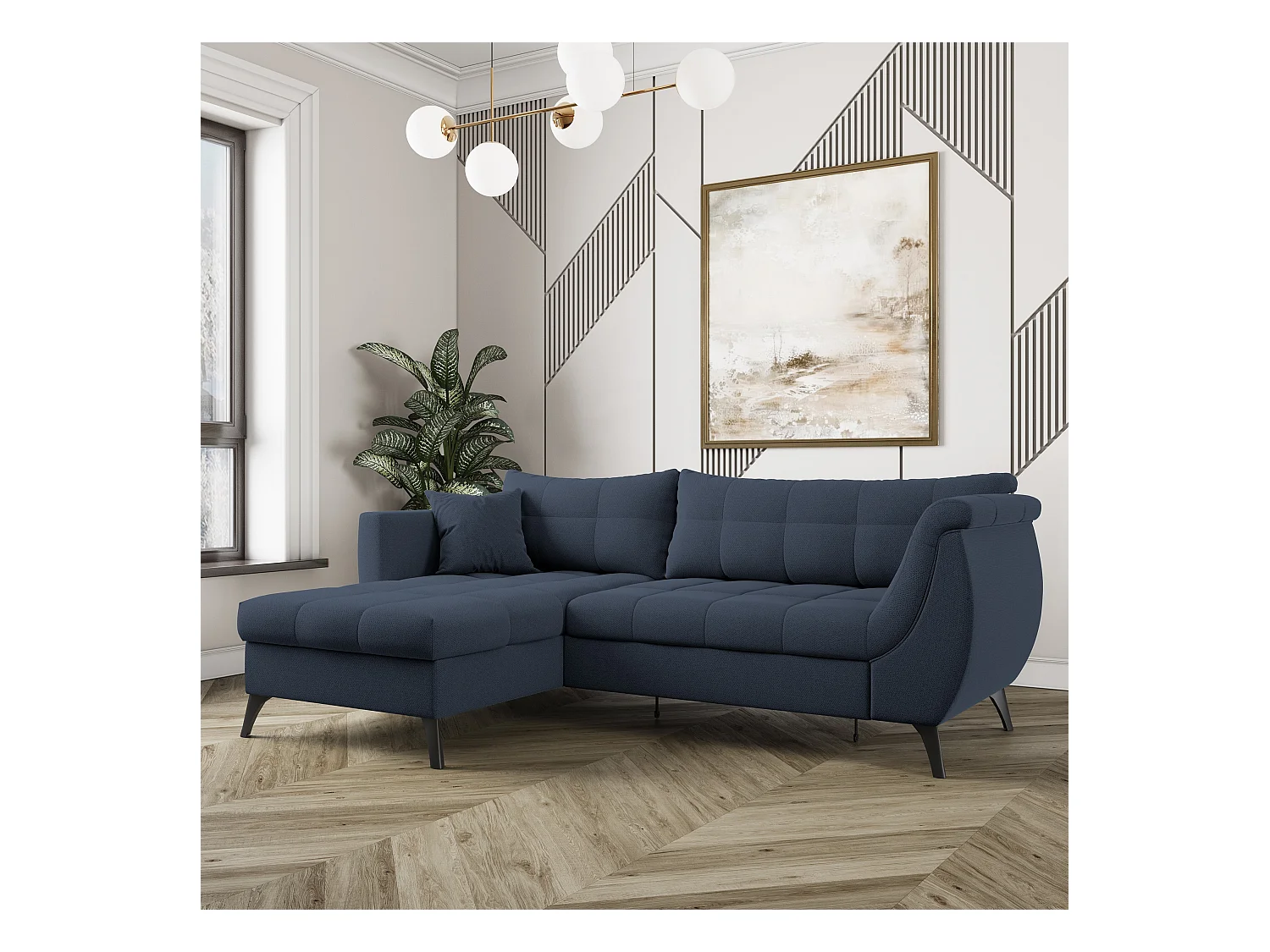 Canapé d'angle MOLLIS Bleu en tissu texturé avec fonction de couchage