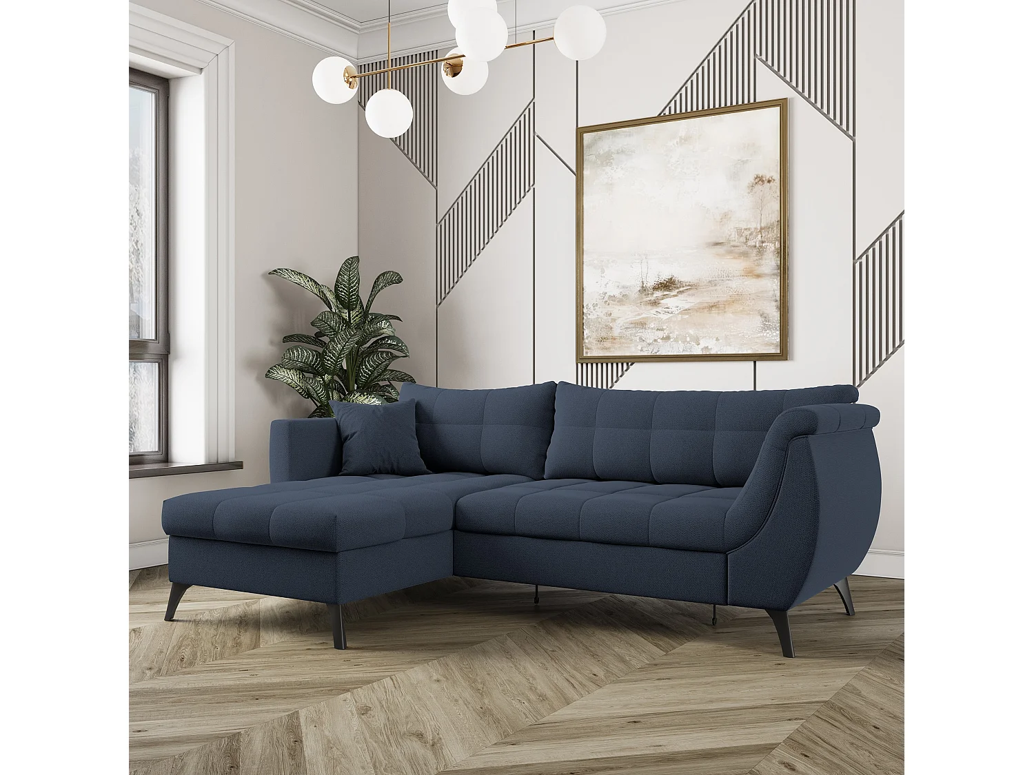 Canapé d'angle MOLLIS Bleu en tissu texturé avec fonction de couchage