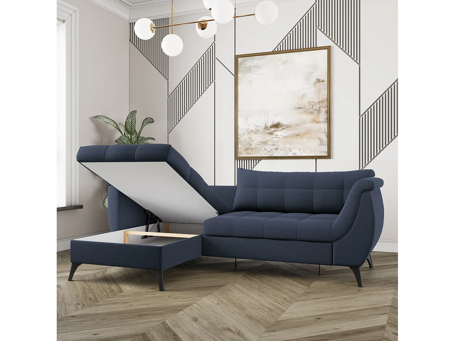 Canapé d'angle MOLLIS Bleu en tissu texturé avec fonction de couchage