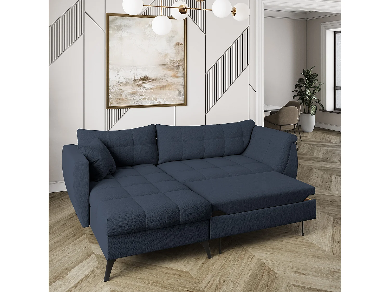 Canapé d'angle MOLLIS Bleu en tissu texturé avec fonction de couchage