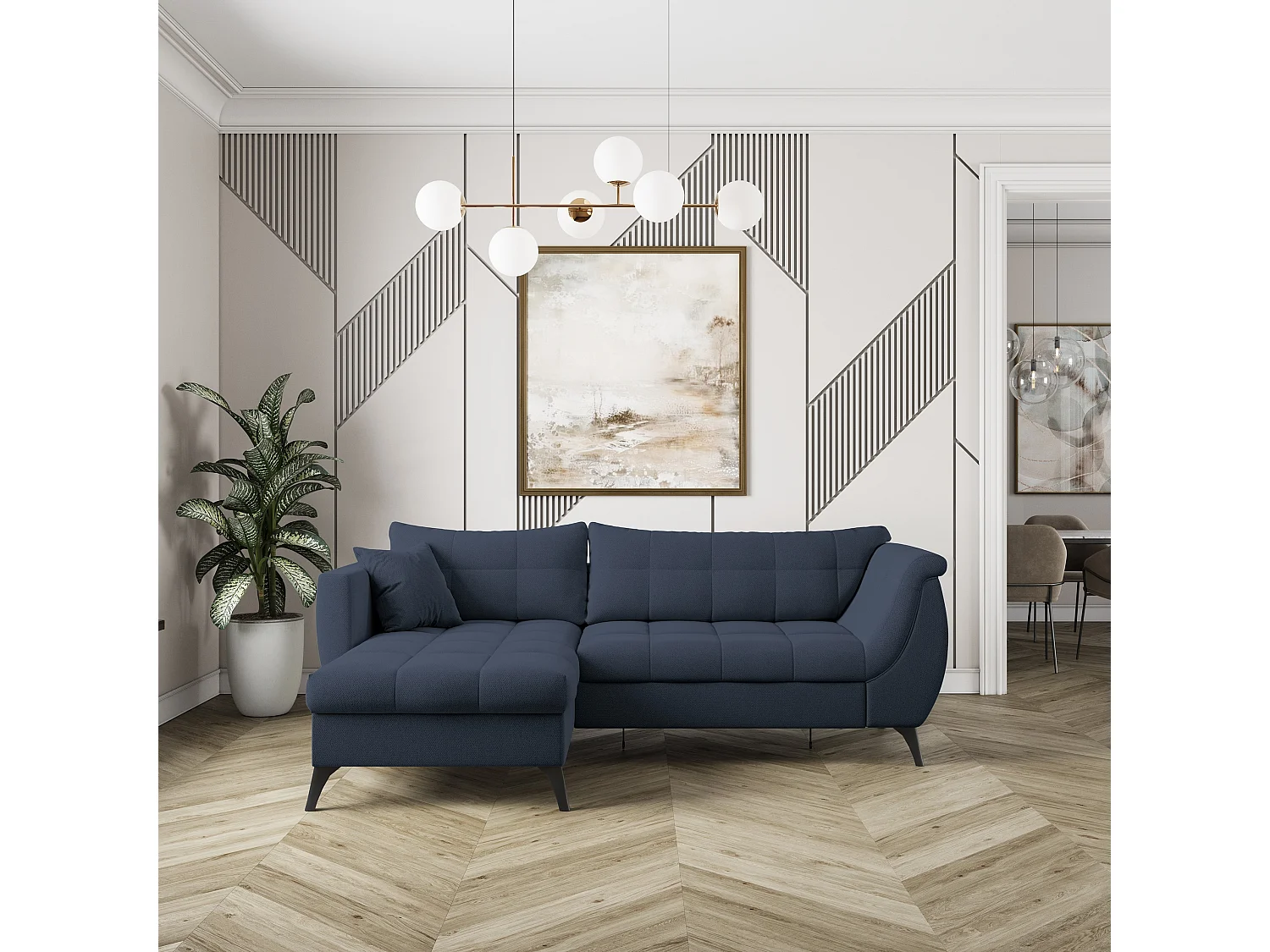 Canapé d'angle MOLLIS Bleu en tissu texturé avec fonction de couchage