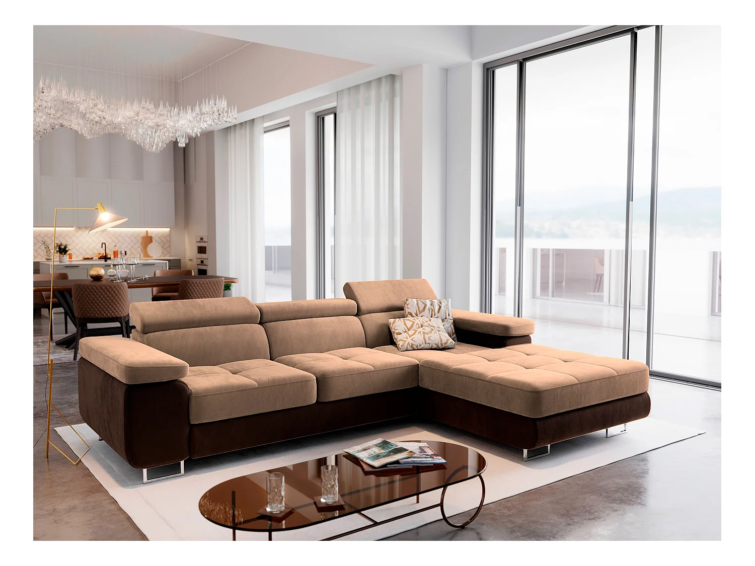 Canapé d'angle ELMA Beige en velours avec fonction de couchage