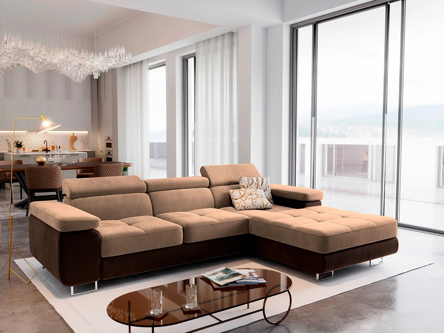 Canapé d'angle ELMA Beige en velours avec fonction de couchage