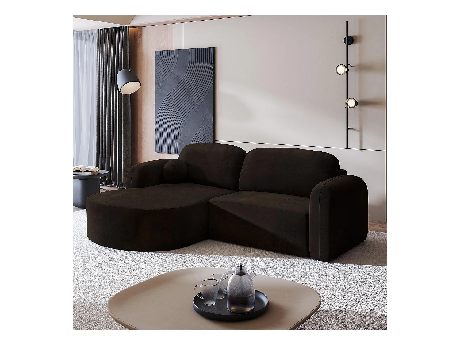 Canapé d'angle AMILIA Marron en velours avec fonction de couchage