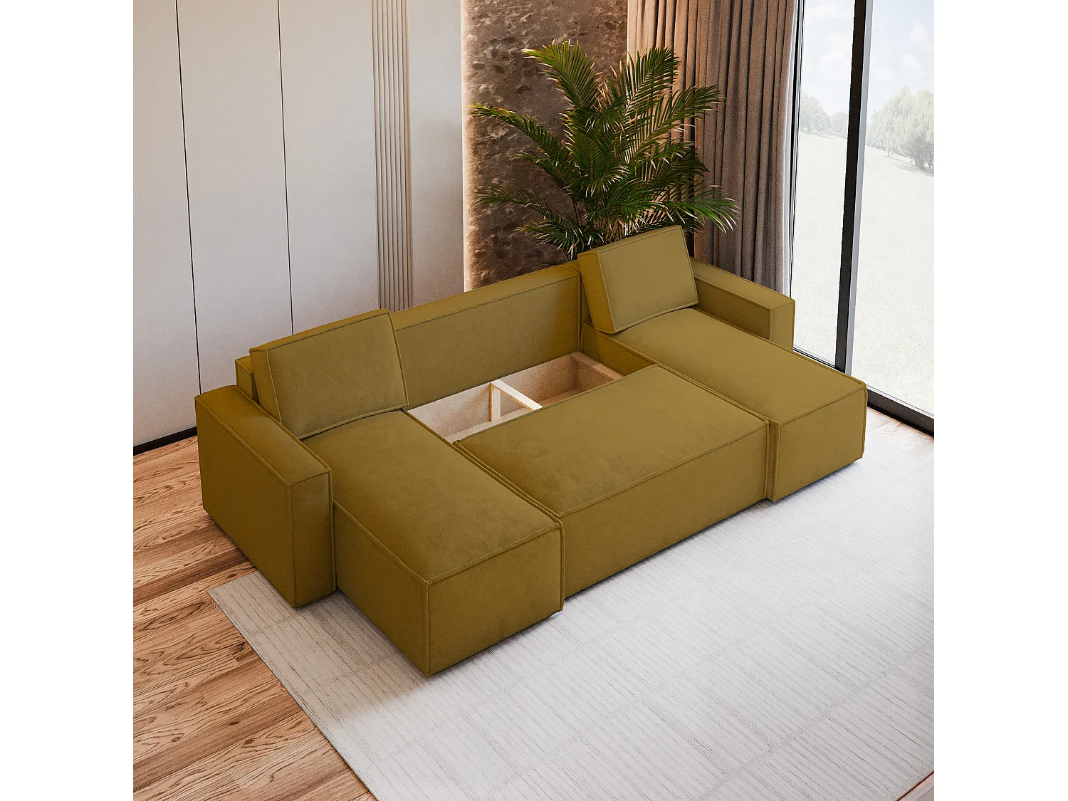 Canapé d'angle PESANO Jaune en velours avec fonction de couchage