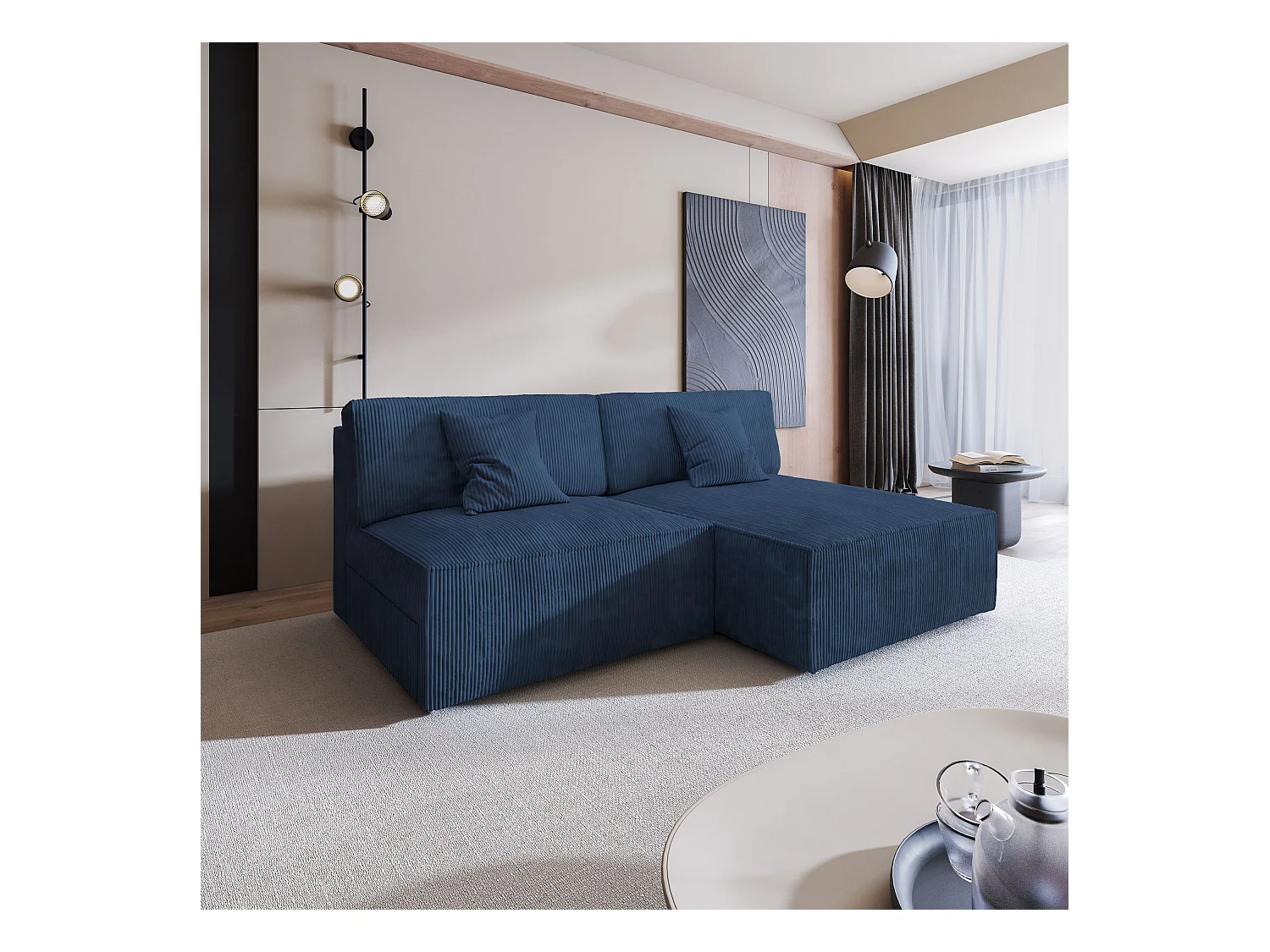 Canapé d'angle FIORO Bleu en velours côtelé avec fonction de couchage