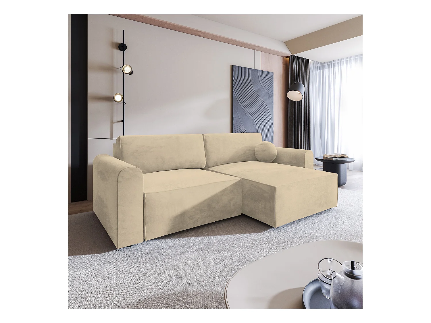 Canapé d'angle FIANO Crème en velours avec fonction de couchage