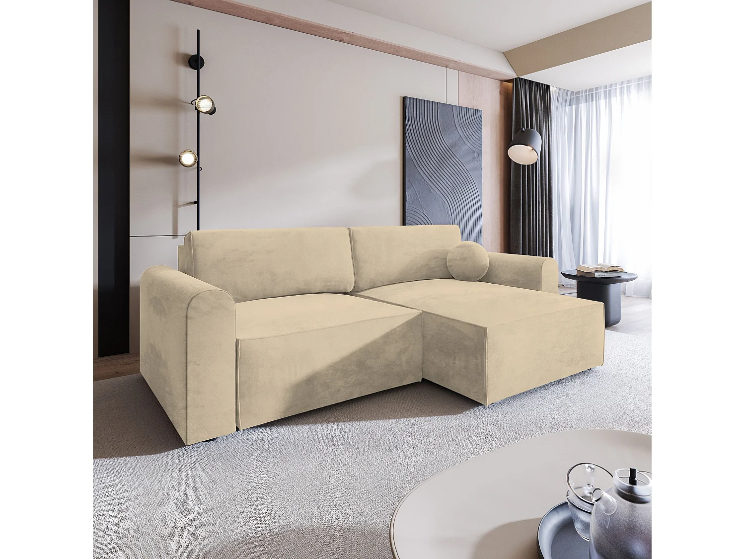 Canapé d'angle FIANO Crème en velours avec fonction de couchage