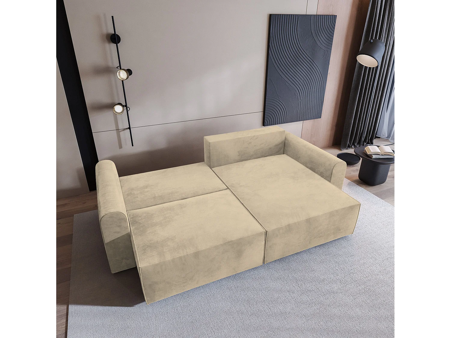 Canapé d'angle FIANO Crème en velours avec fonction de couchage