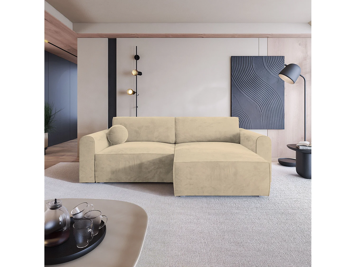 Canapé d'angle FIANO Crème en velours avec fonction de couchage