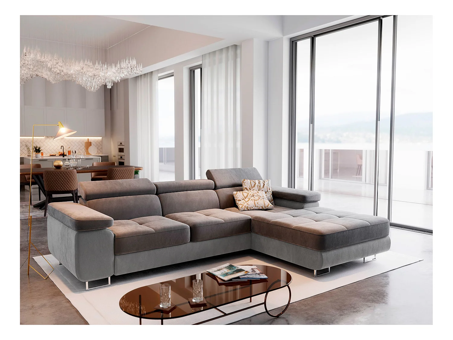 Canapé d'angle ELMA Gris en velours avec fonction de couchage