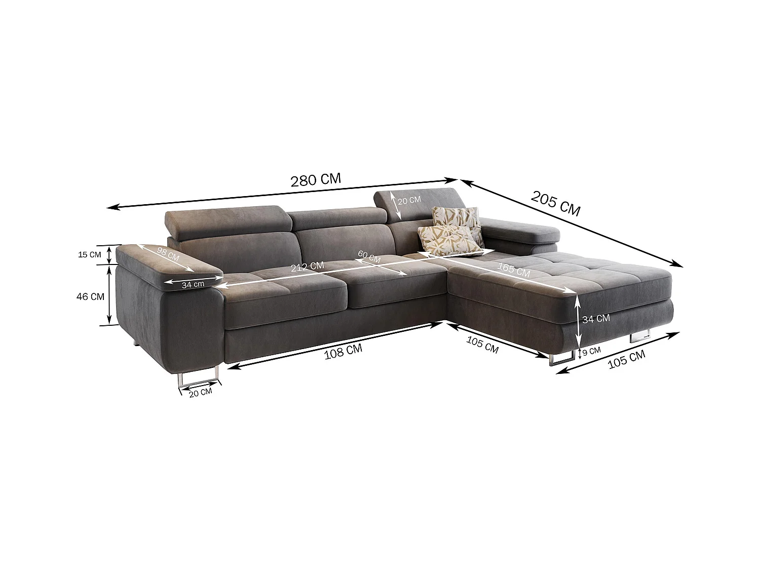 Canapé d'angle ELMA Gris en velours avec fonction de couchage