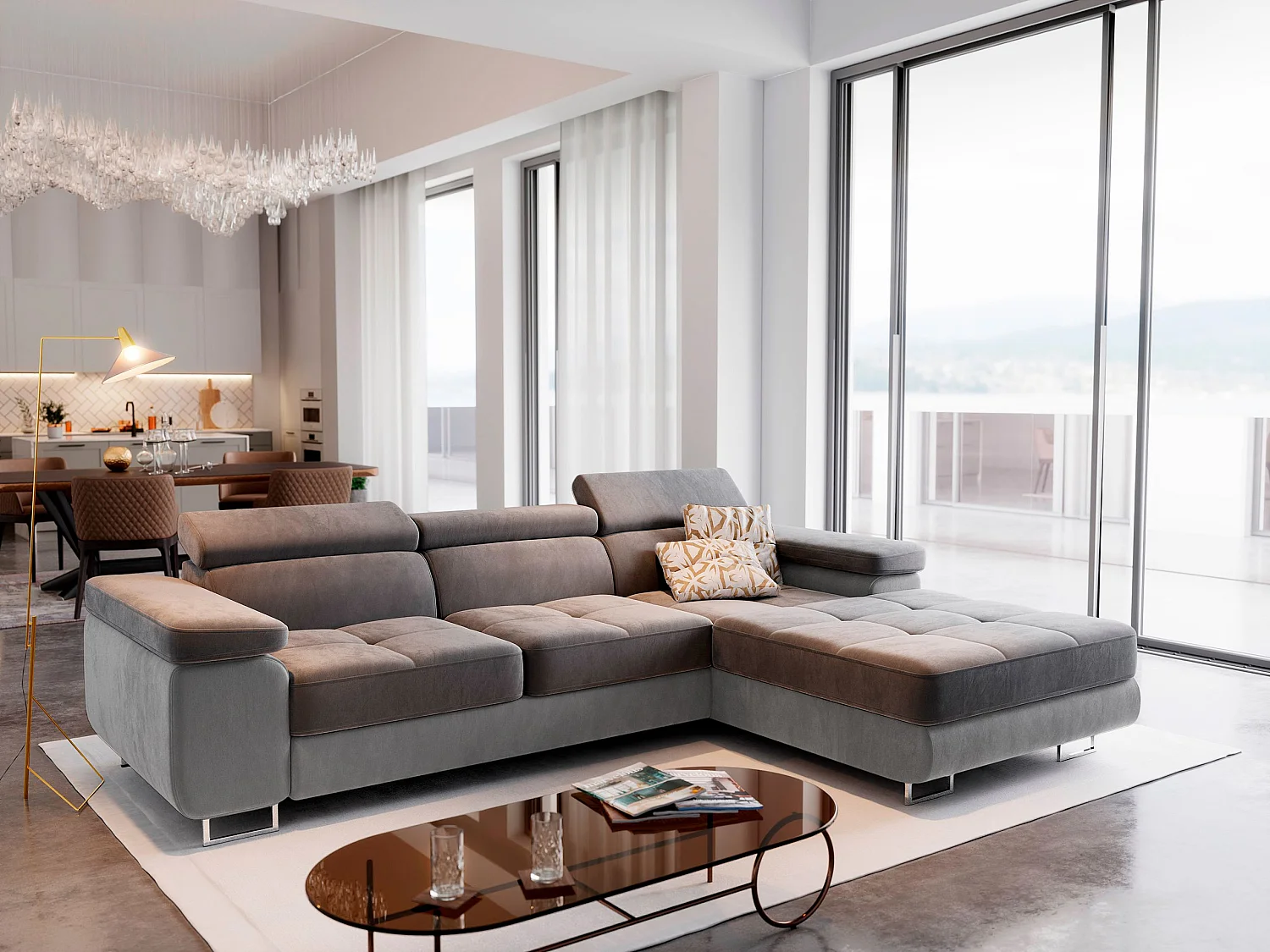 Canapé d'angle ELMA Gris en velours avec fonction de couchage