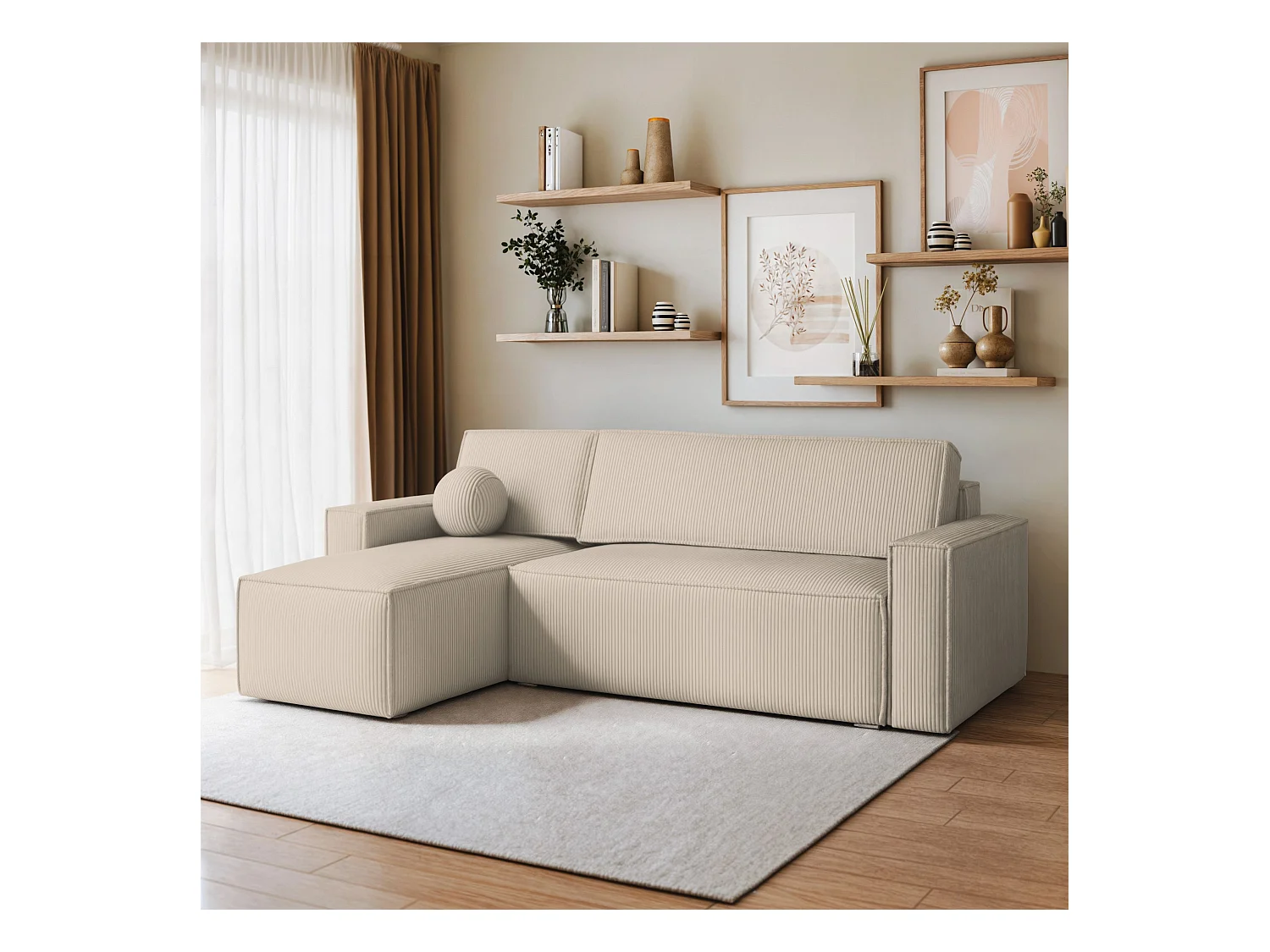 Canapé d'angle RAVELO Crème en velours côtelé avec fonction de couchage
