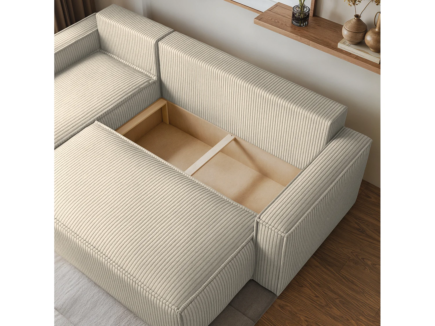 Canapé d'angle RAVELO Crème en velours côtelé avec fonction de couchage