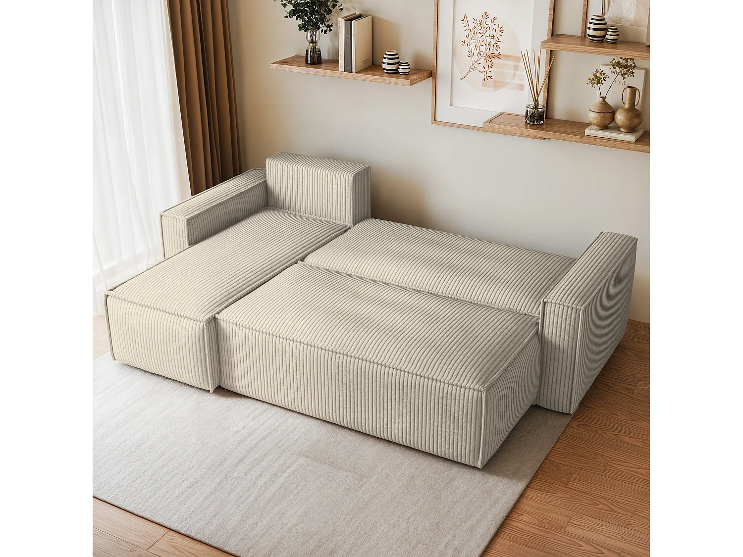 Canapé d'angle RAVELO Crème en velours côtelé avec fonction de couchage