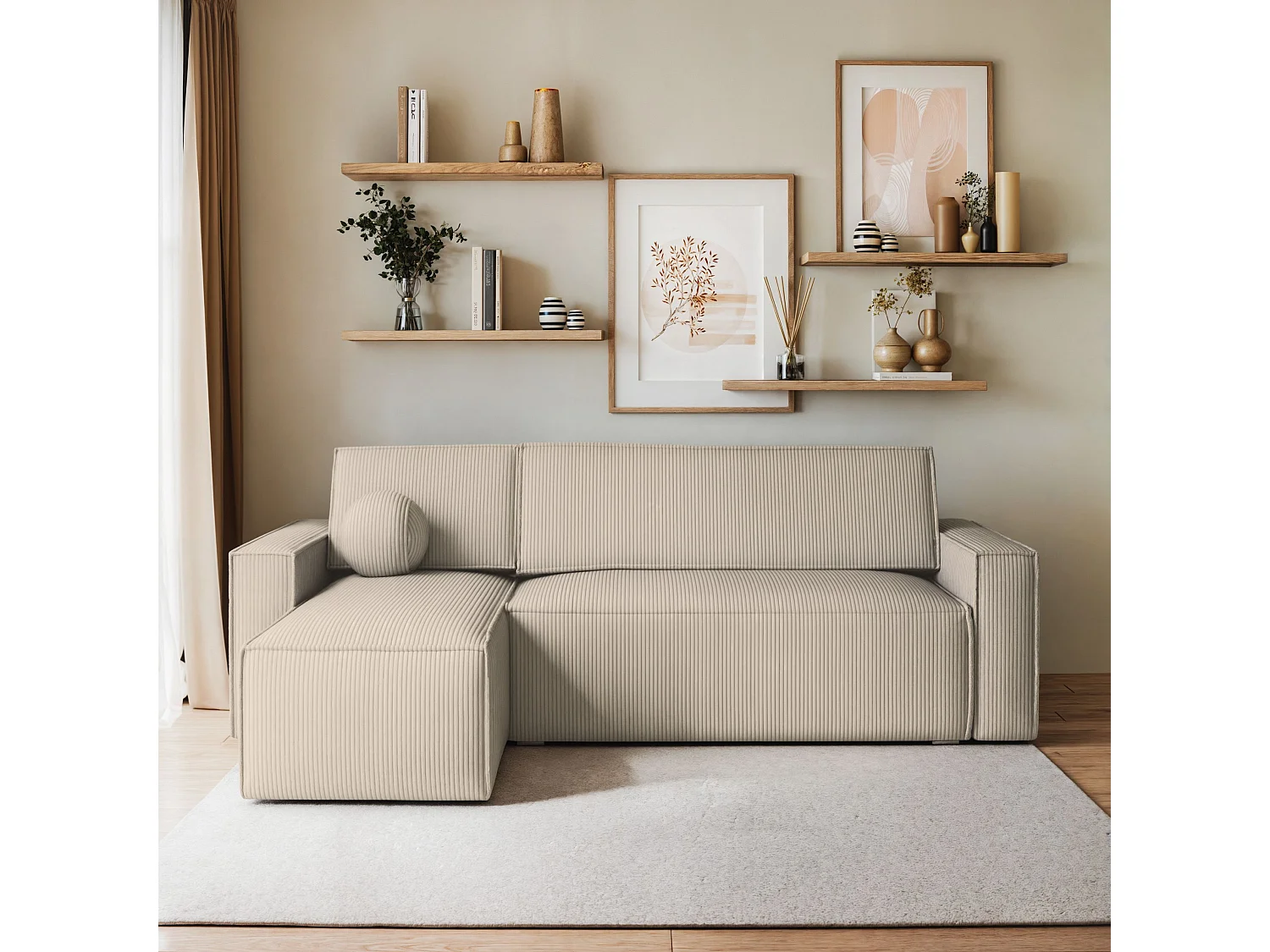 Canapé d'angle RAVELO Crème en velours côtelé avec fonction de couchage