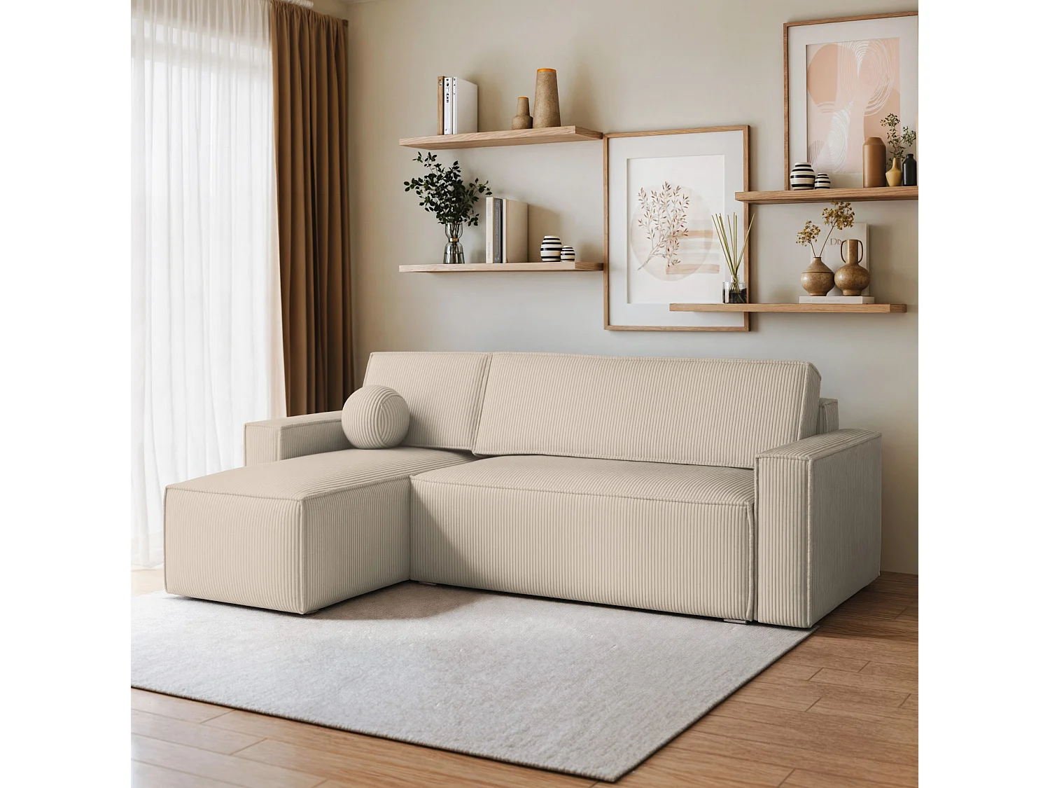 Canapé d'angle RAVELO Crème en velours côtelé avec fonction de couchage