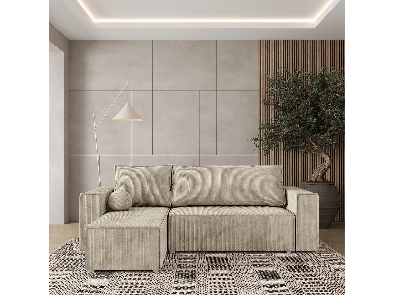 Canapé d'angle RAVELO Crème en velours côtelé avec fonction de couchage