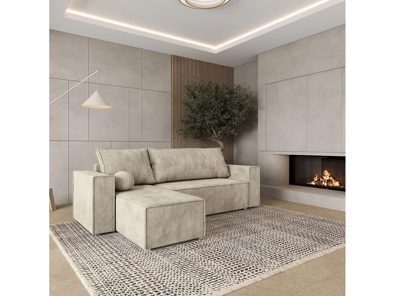 Canapé d'angle RAVELO Crème en velours côtelé avec fonction de couchage