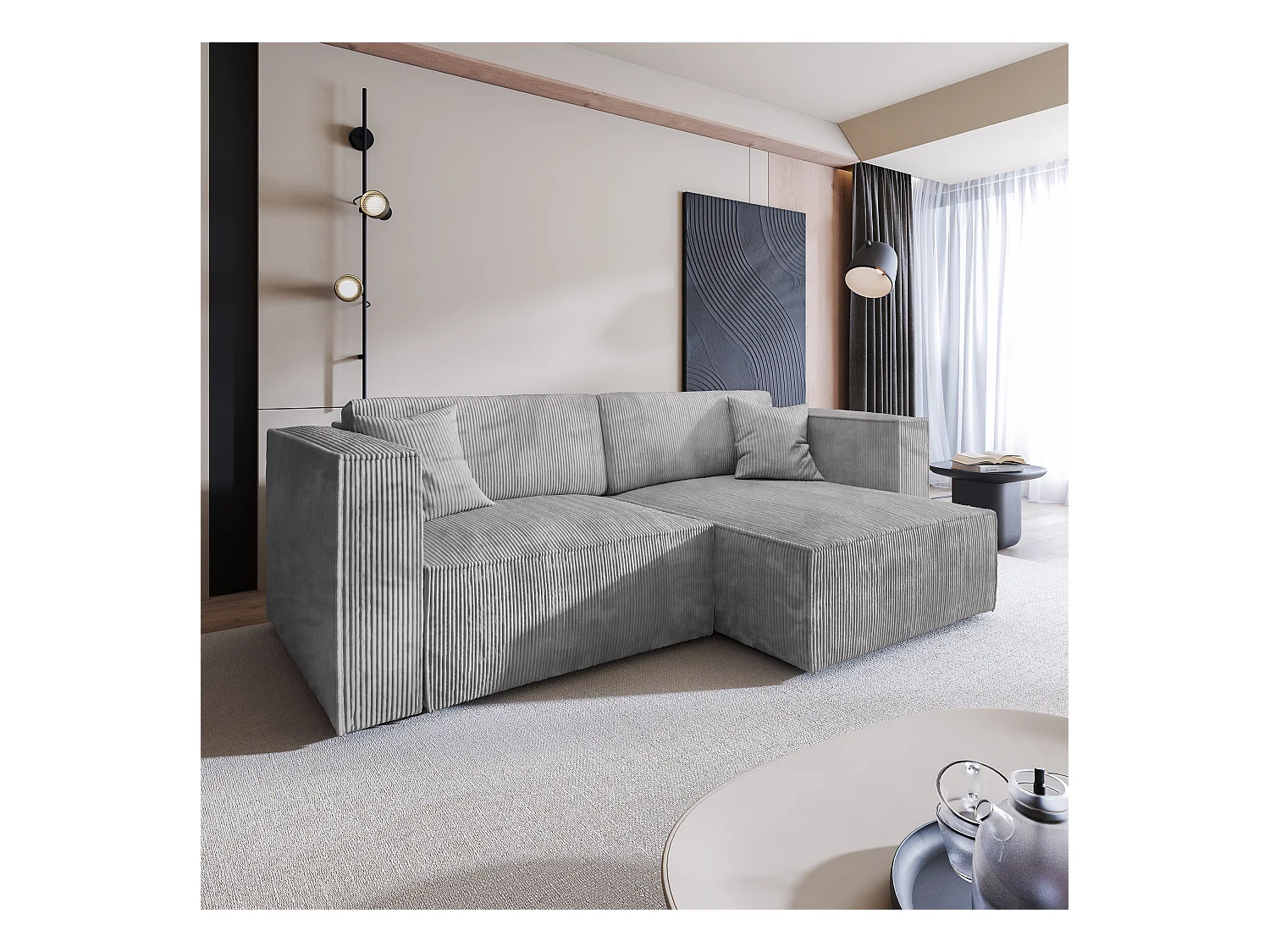 Canapé d'angle NERIO Gris clair en velours côtelé avec fonction de couchage