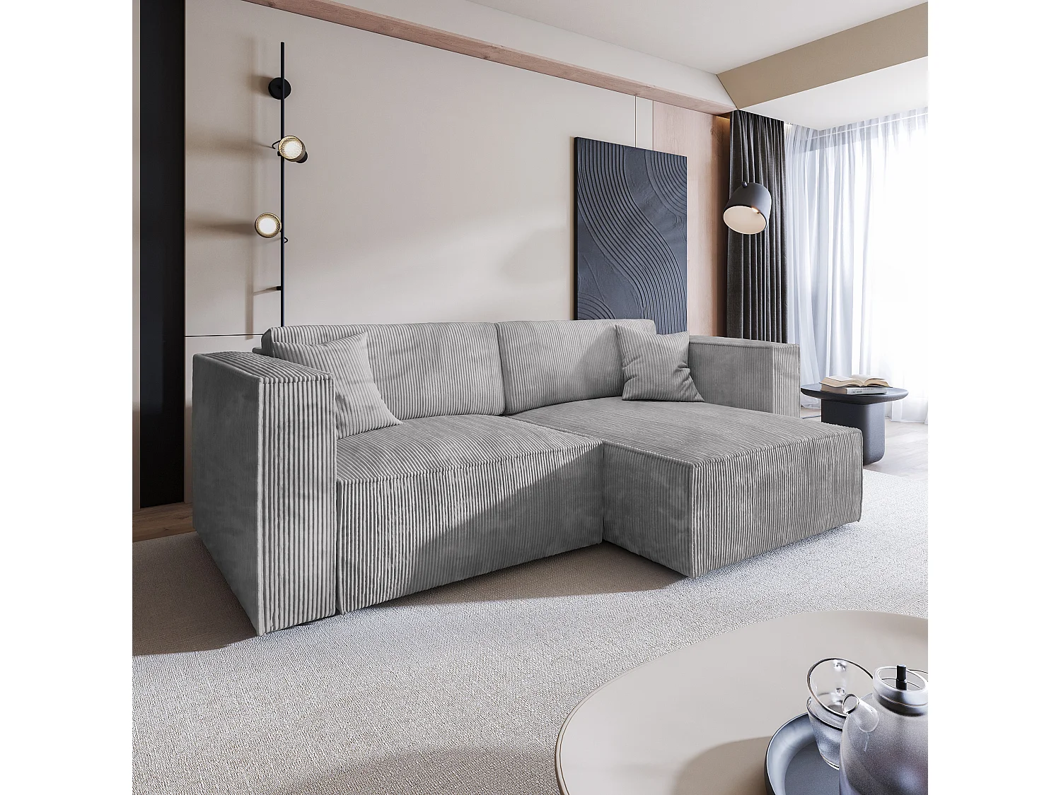 Canapé d'angle NERIO Gris clair en velours côtelé avec fonction de couchage